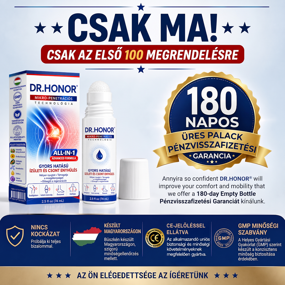 🎁 Már csak 5 darab maradt! Szerezzen most extra 50% kedvezményt, és támogassa ízületei mindennapi komfortját a DR.HONOR® mikrotűs Roll-Onnal! 🦴✨